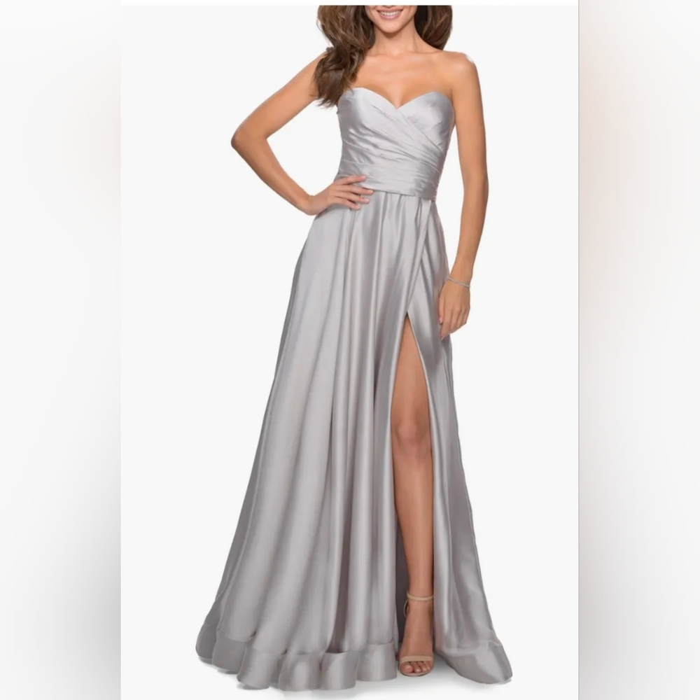 LA FEMME Strapless Slit Satin Silver Ballgown Size 4 Style #28608